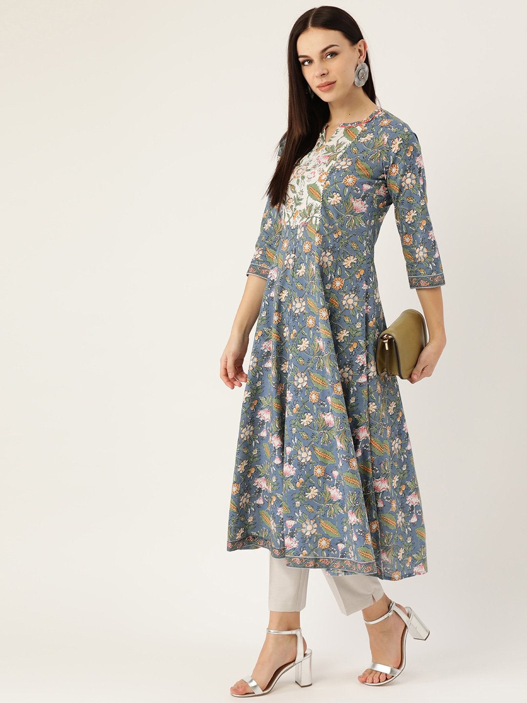 Women's Blue Cotton Anarkali Kurta