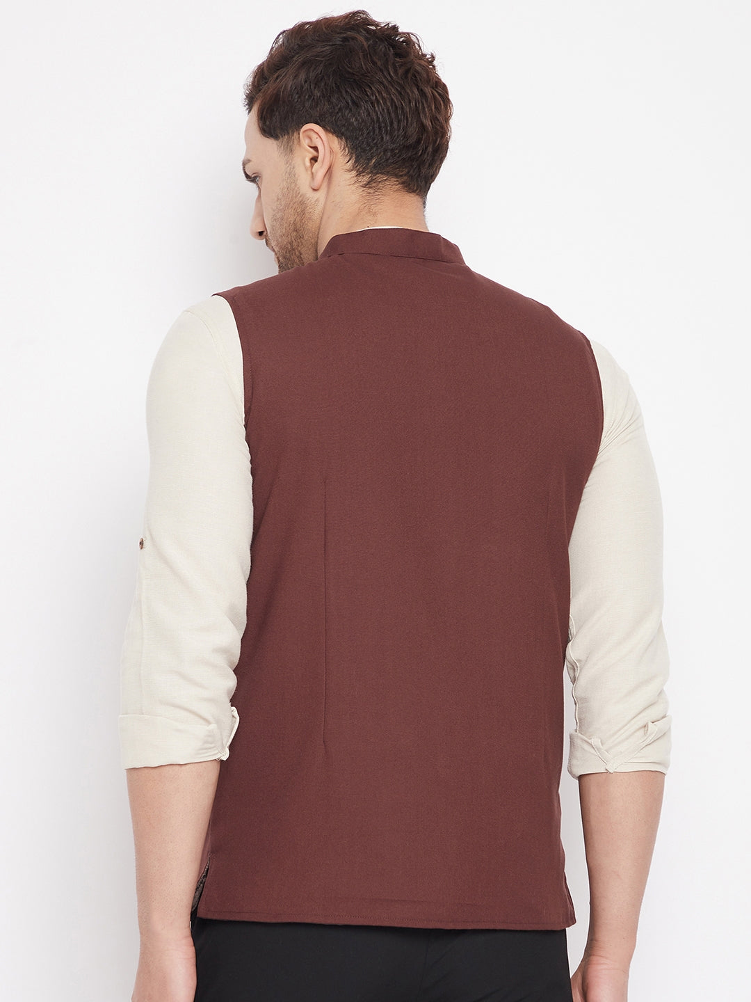 Men's Maroon Color Woven Nehru Jacket