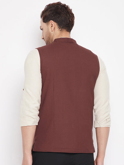 Men's Maroon Color Woven Nehru Jacket