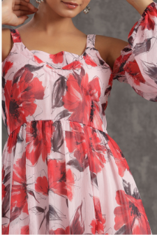 Women's Light Pink Chiffon Printed Flared Dress