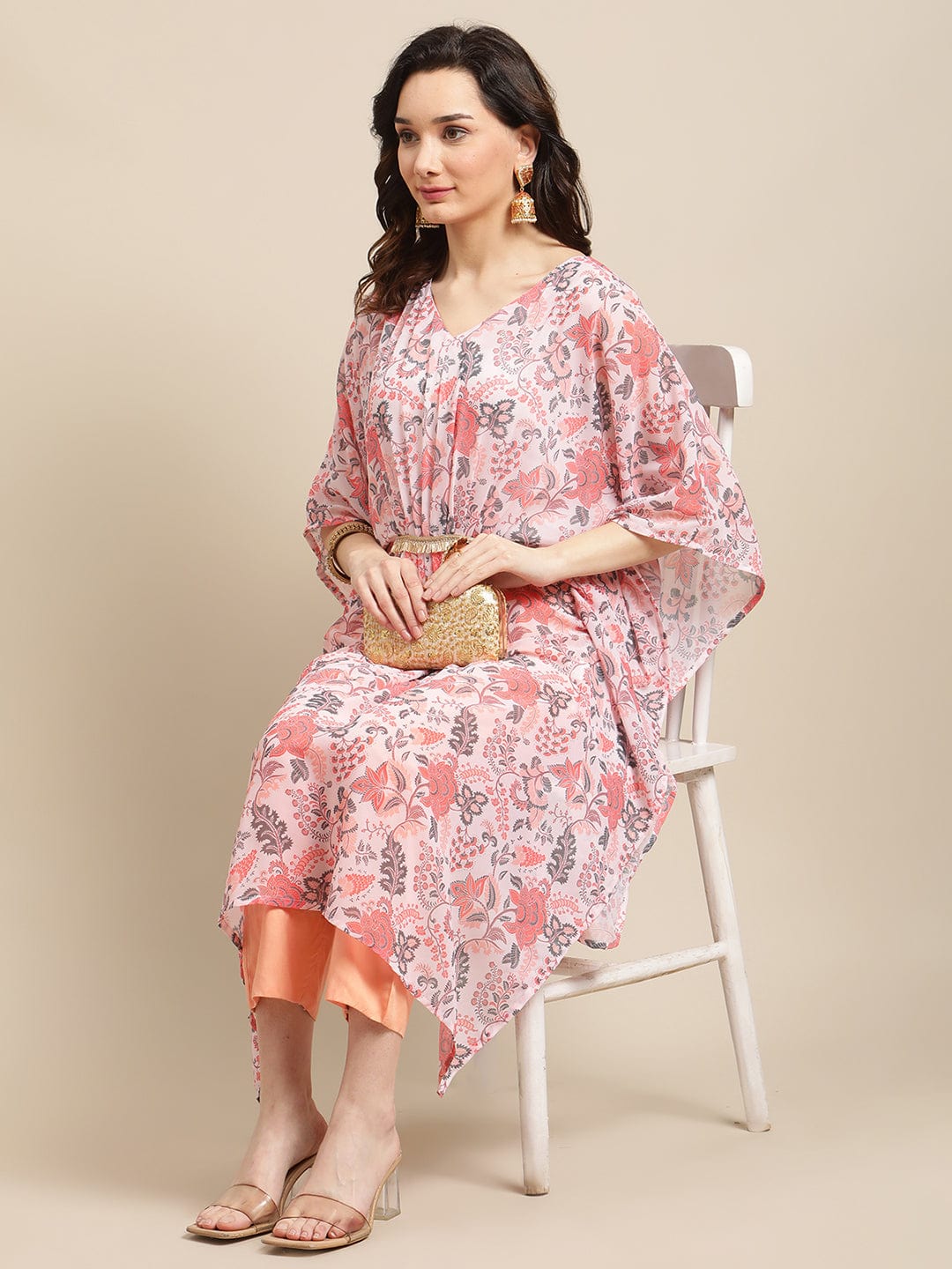 Women's Peach Floral Printed Kaftan Trouser Set
