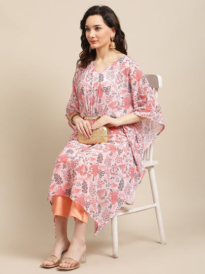 Women's Peach Floral Printed Kaftan Trouser Set