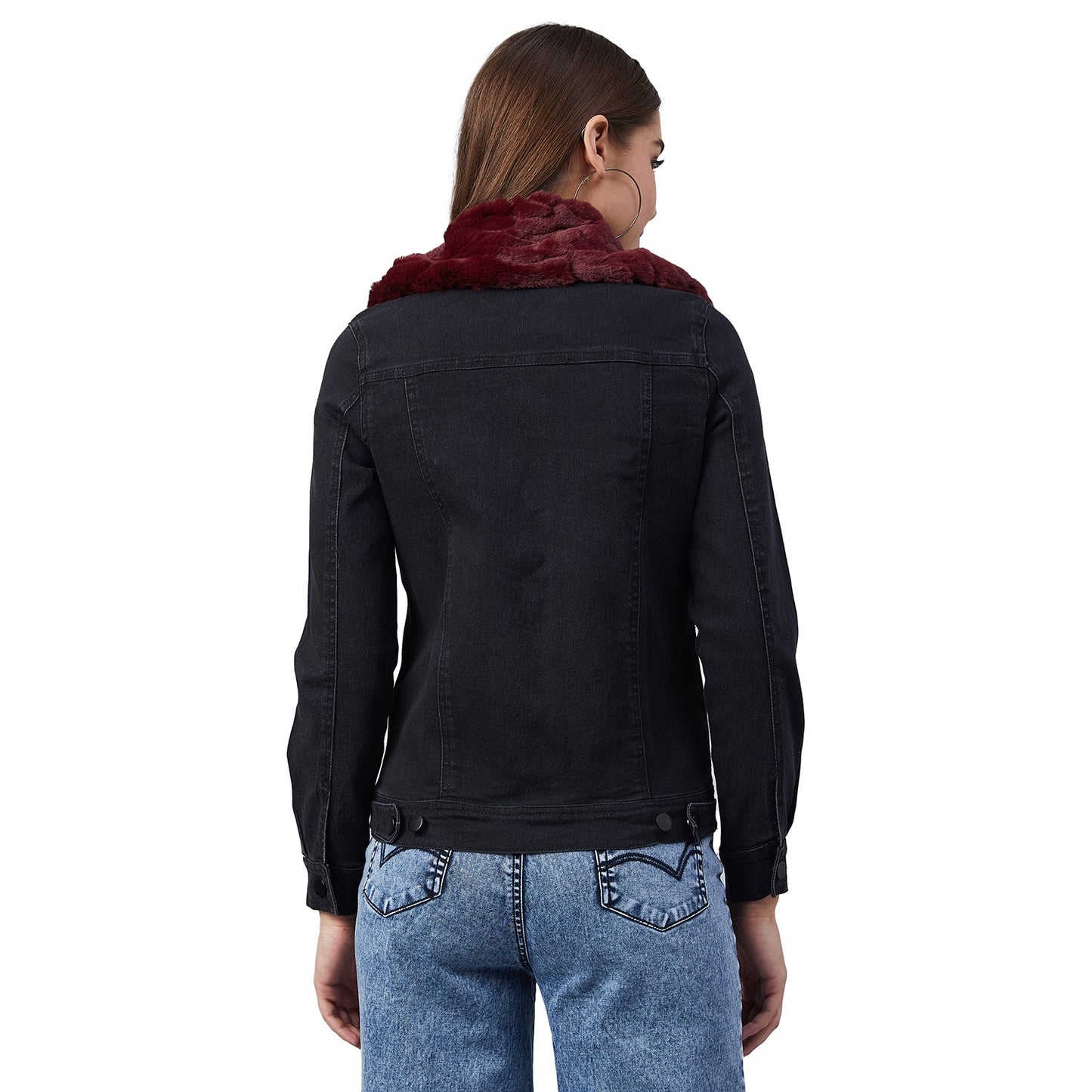 Women's Black Denim Jacket with Detachable Maroon Fur Collar