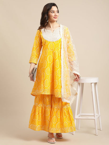 Women's Mustard And White Bandhej Printed Flared Kurta Sharara Set With Net Embroidered Dupatta