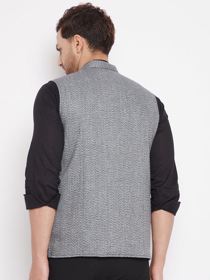 Men's Grey Color Woven Nehru Jacket