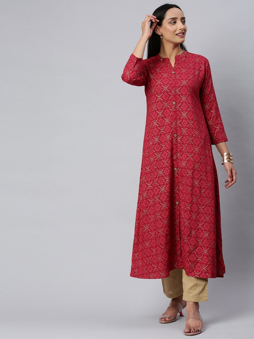 Women's KSUT Fuchsia And Gold Geometric Printed A Line Kurta With 3/4Th Sleeves