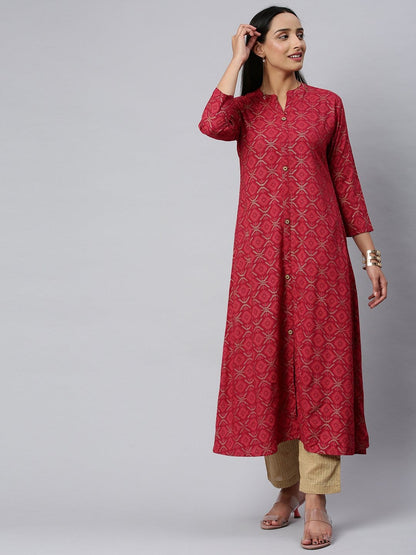 Women's KSUT Fuchsia And Gold Geometric Printed A Line Kurta With 3/4Th Sleeves