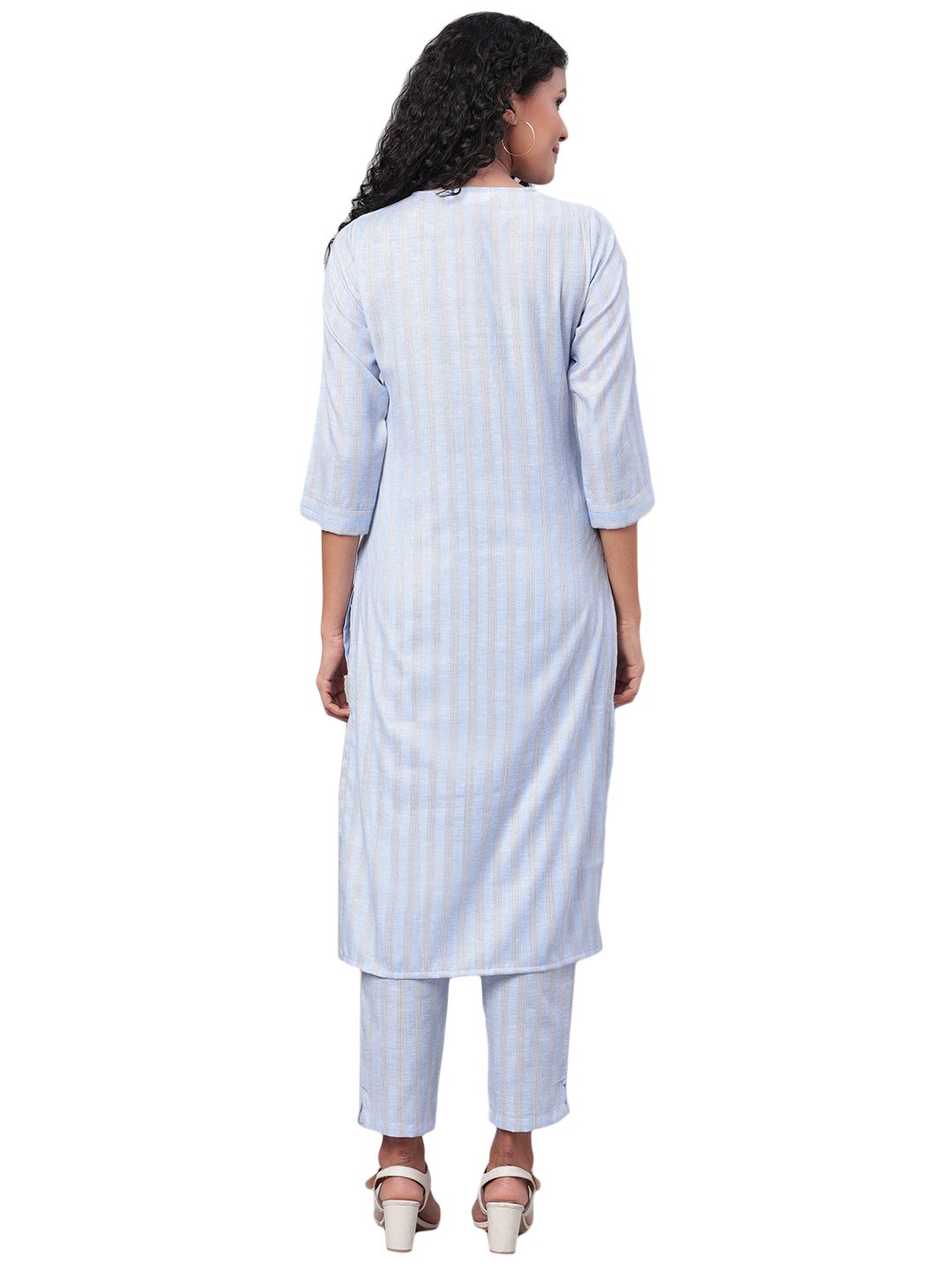 Women's Blue Printed 3/4 Sleeve Cotton Maidran Coller Kurta & Palazzo Set