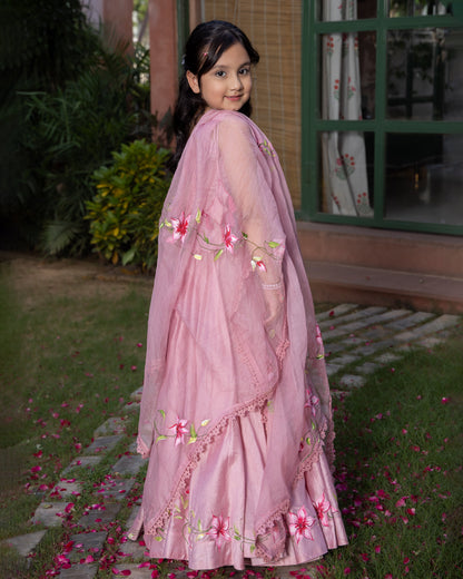 Girl's Koko Powder Pink Handpainted Chanderi Lehenga Set