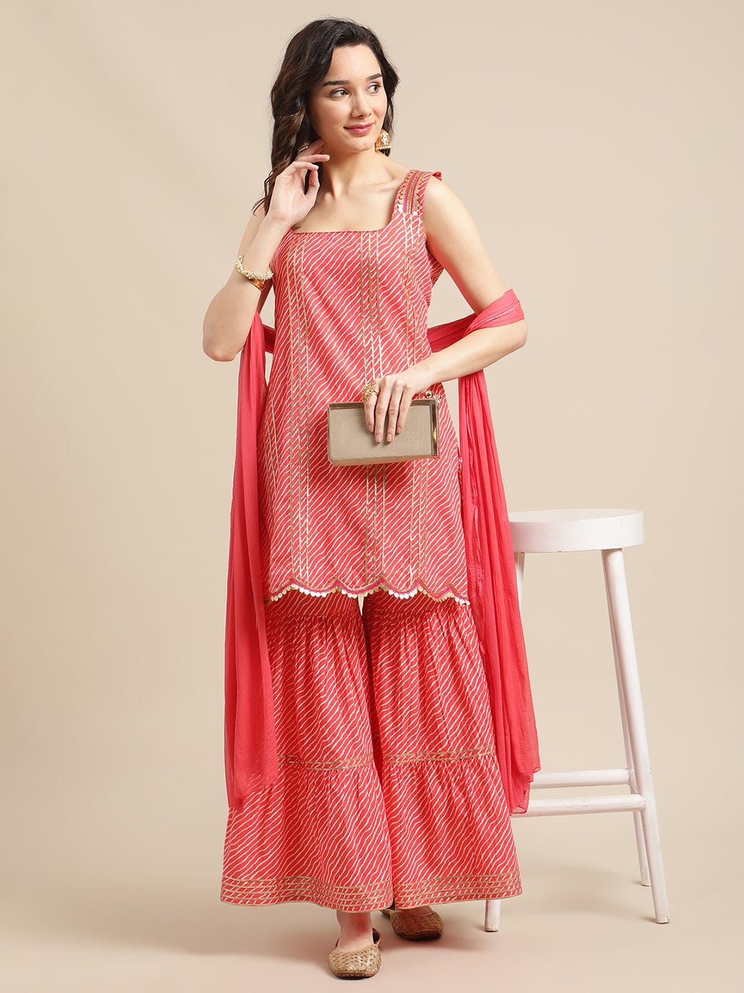 Women's Peach Heavy Gota Embellished Kurta Sharara Set With Chiffon Dupatta