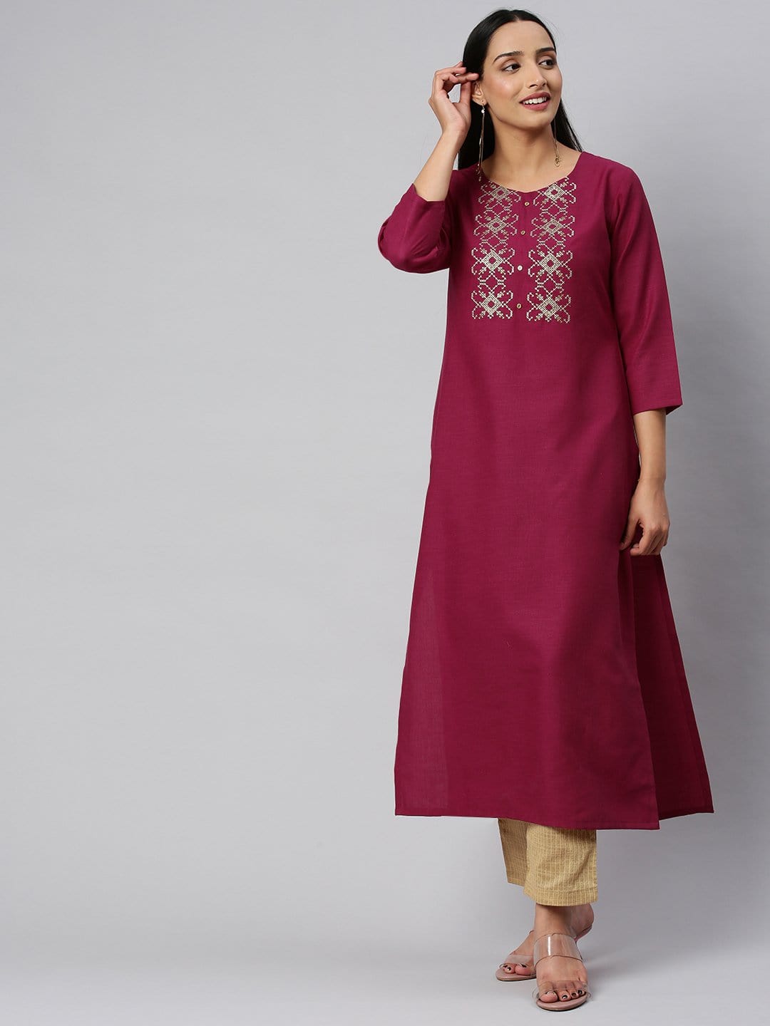 Women's KSUT Fuchsia And Gold Yoke Embroidery Kurta With 3/4Th Sleeves