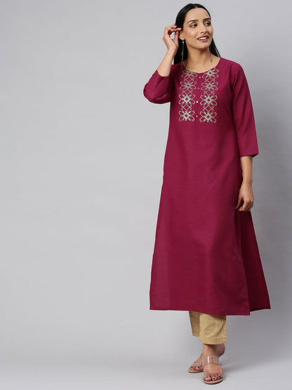 Women's KSUT Fuchsia And Gold Yoke Embroidery Kurta With 3/4Th Sleeves