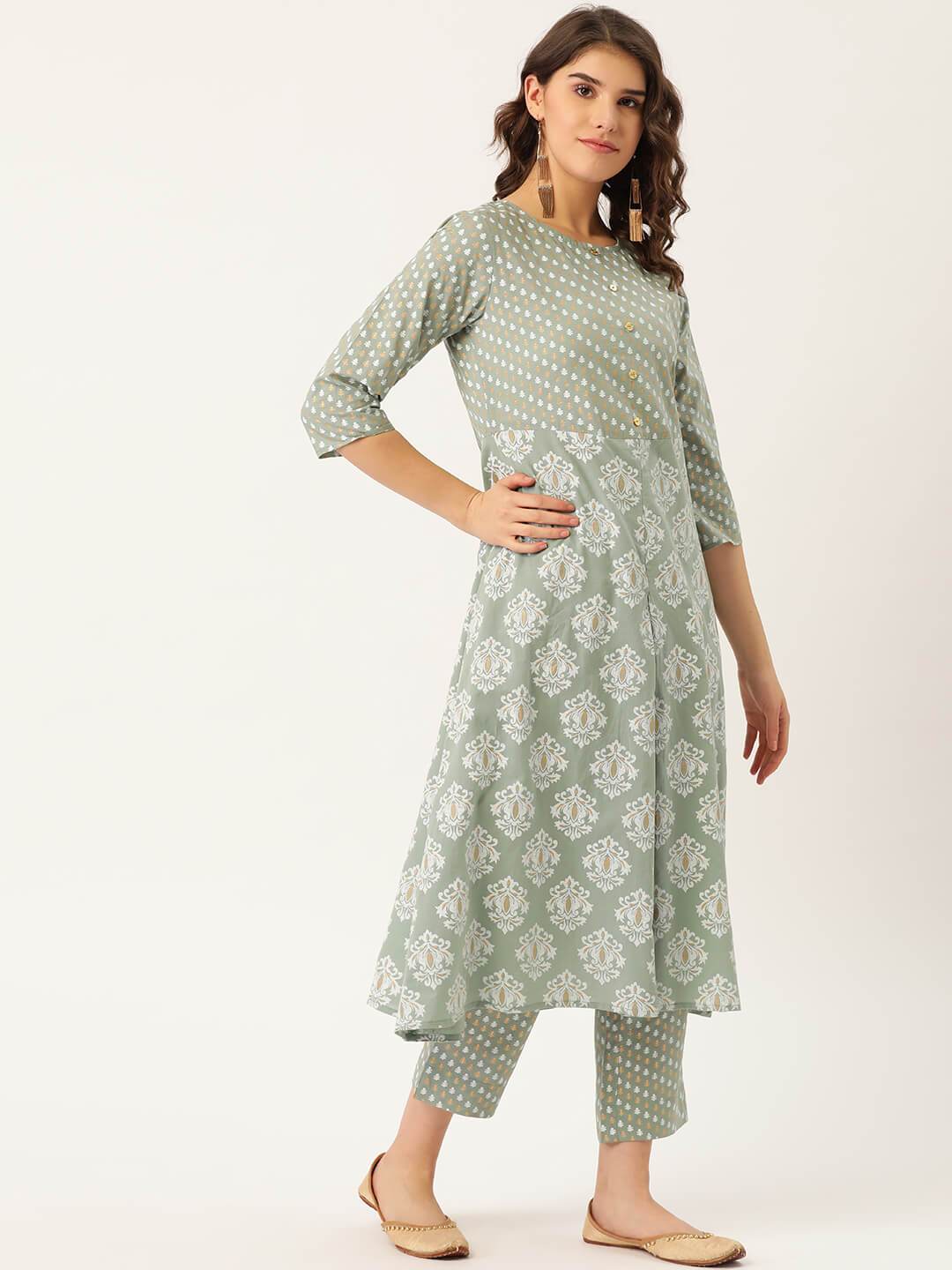 Women's Cotton Gold Printed Suit Set With Dupatta