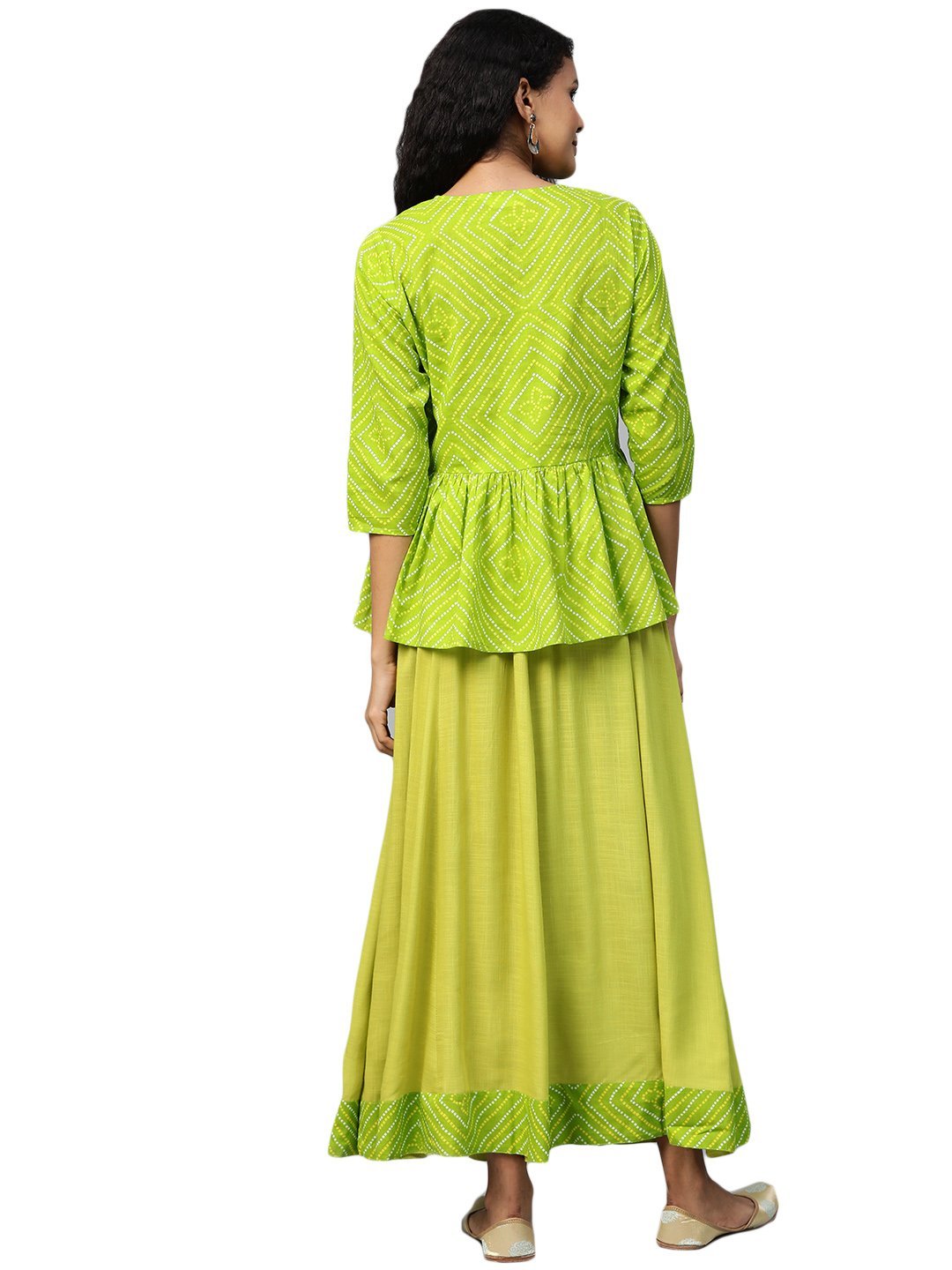 Women's Green Printed 3/4 Sleeve Cotton Round Neck Casual Kurta & Skirt Set