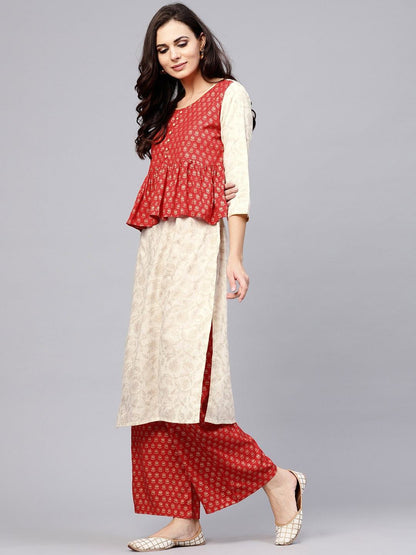 Women's  Off-White & Red Printed Layered Kurta