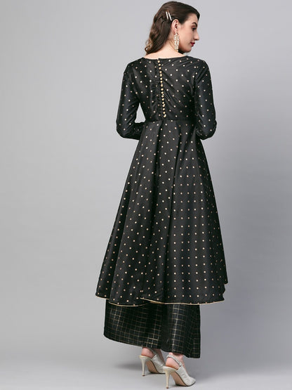Women's  Black & Golden Woven Design Anarkali Kurta