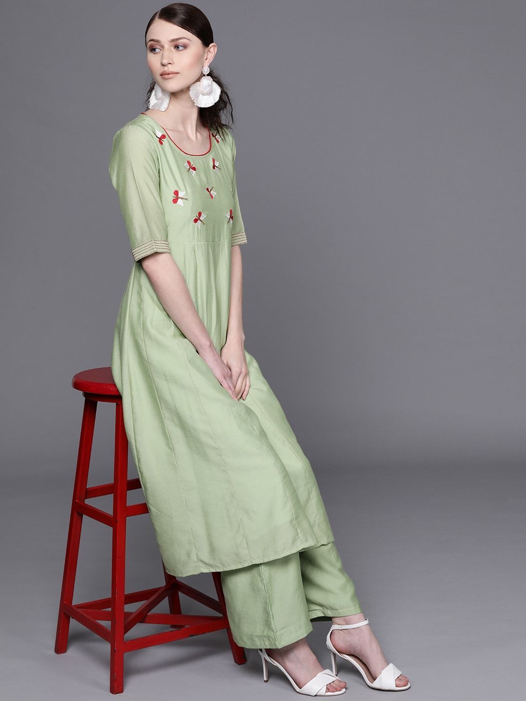 Women's  Green & Red Quirky Yoke Design Anarkali Kurta