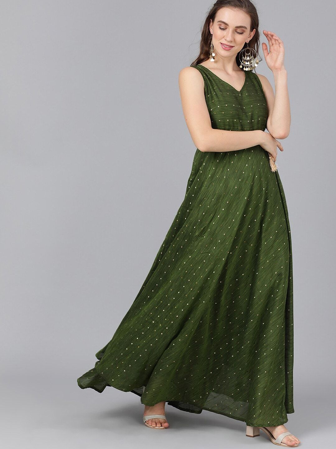 Women's  Green Self Design Empire Dress