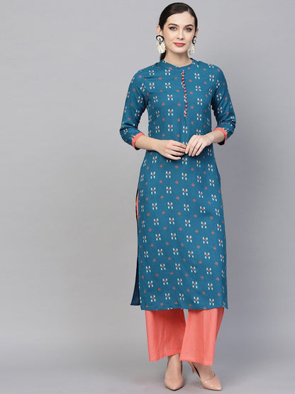 Women's  Teal Blue Printed Straight Kurta