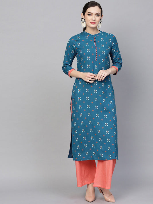 Women's  Teal Blue Printed Straight Kurta