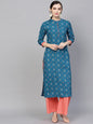 Women's  Teal Blue Printed Straight Kurta