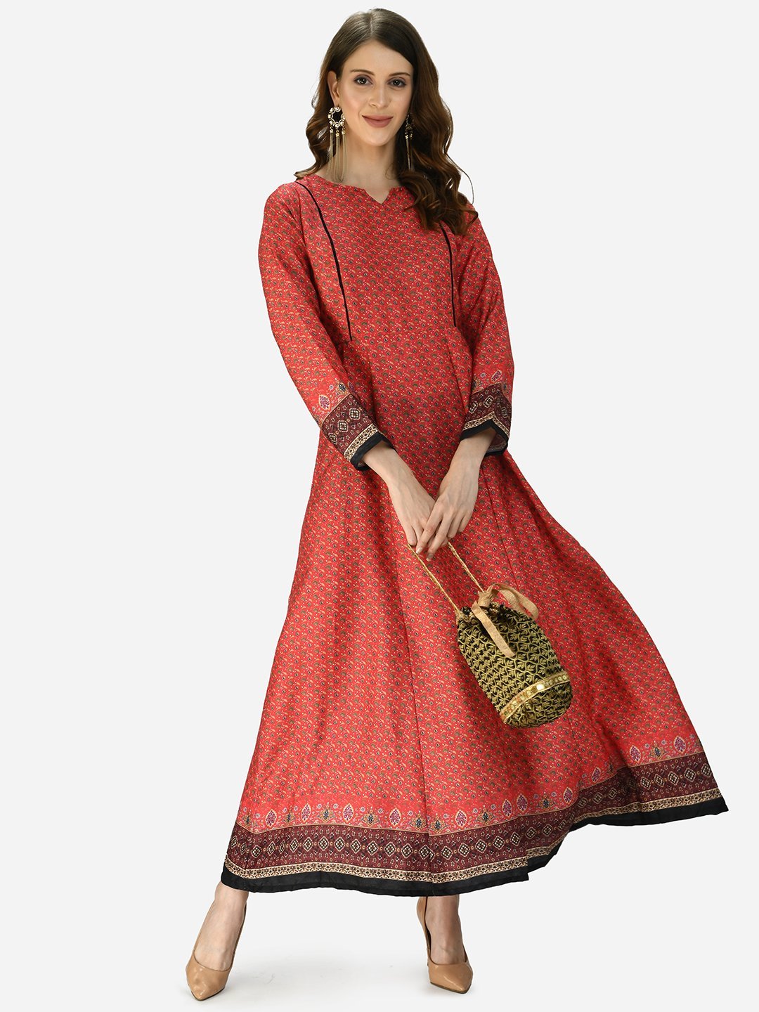 Women Red Printed Silk Dress by Myshka (