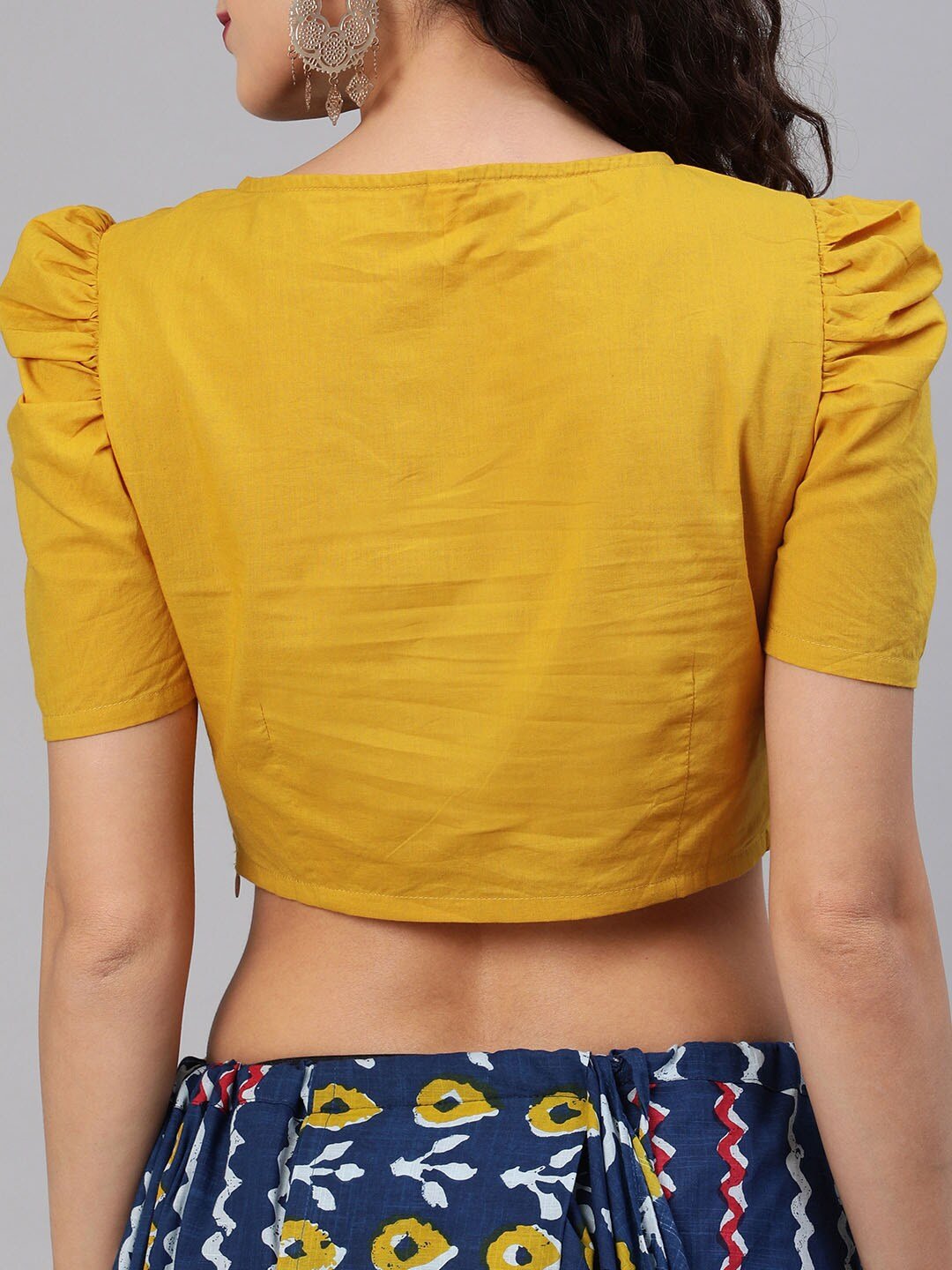 Women's Blue & Yellow Cotton Printed Saree With Wrap On Blouse