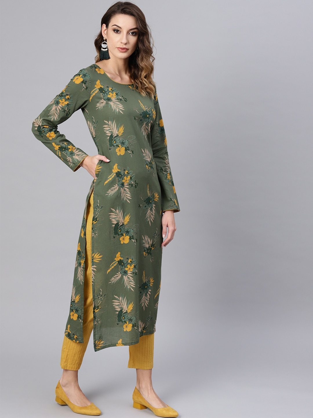 Women's  Olive Green & Mustard Yellow Floral Printed Straight Kurta