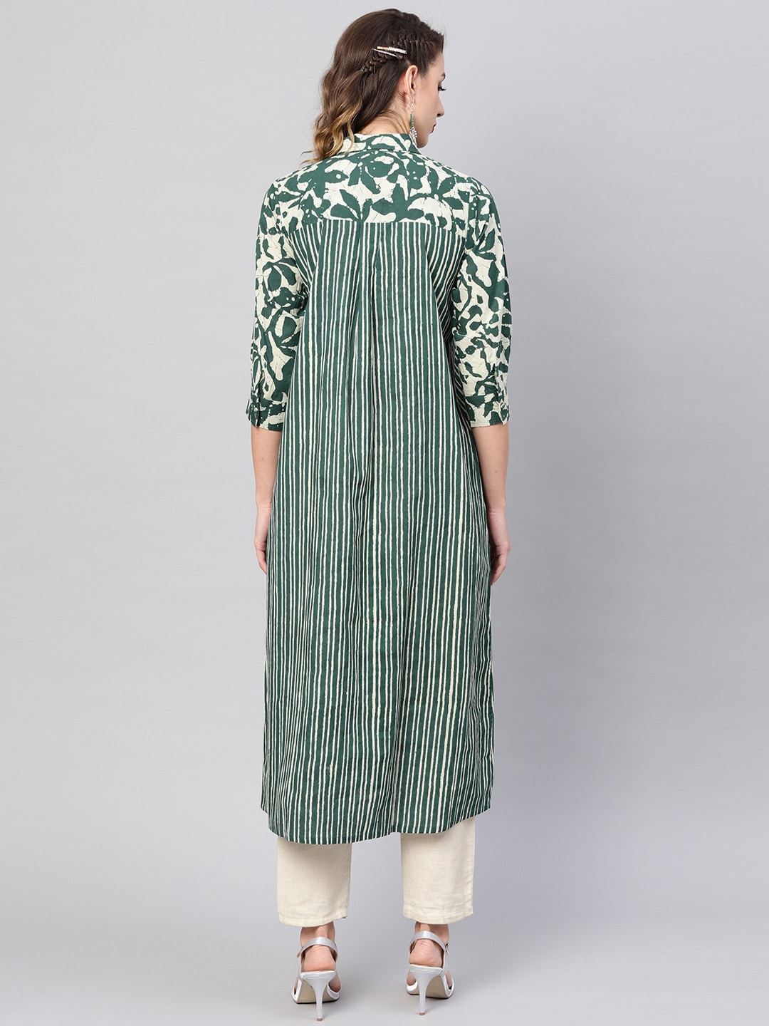Women's  Green & Beige Striped Shirt A-Line Kurta