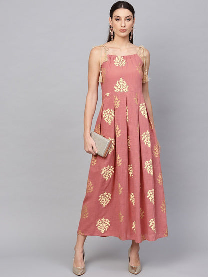 Women's  Pink & Golden Printed Maxi Dress