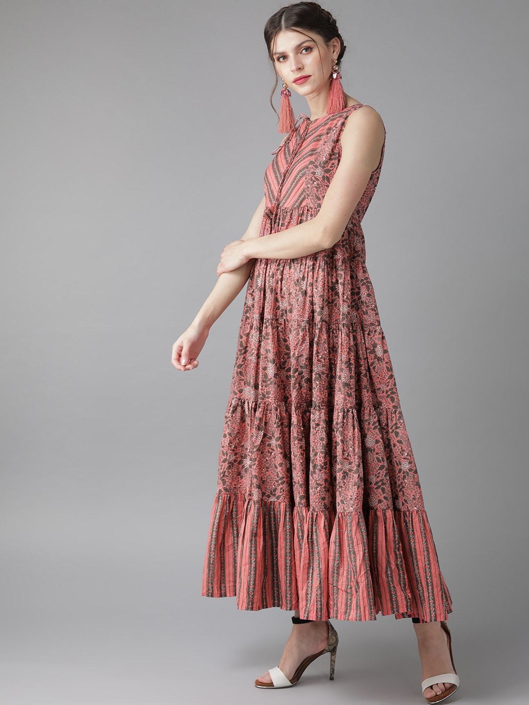 Women's  Pink & Charcoal Grey Printed Maxi Dress