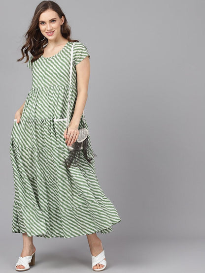 Women's  Green & White Striped Maxi Dress