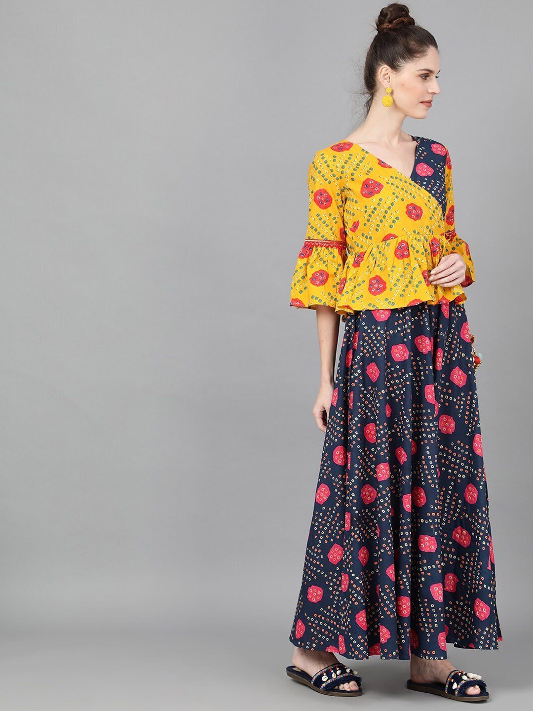 Women's  Navy Blue & Mustard Yellow Bandhani Printed Wrap Dress
