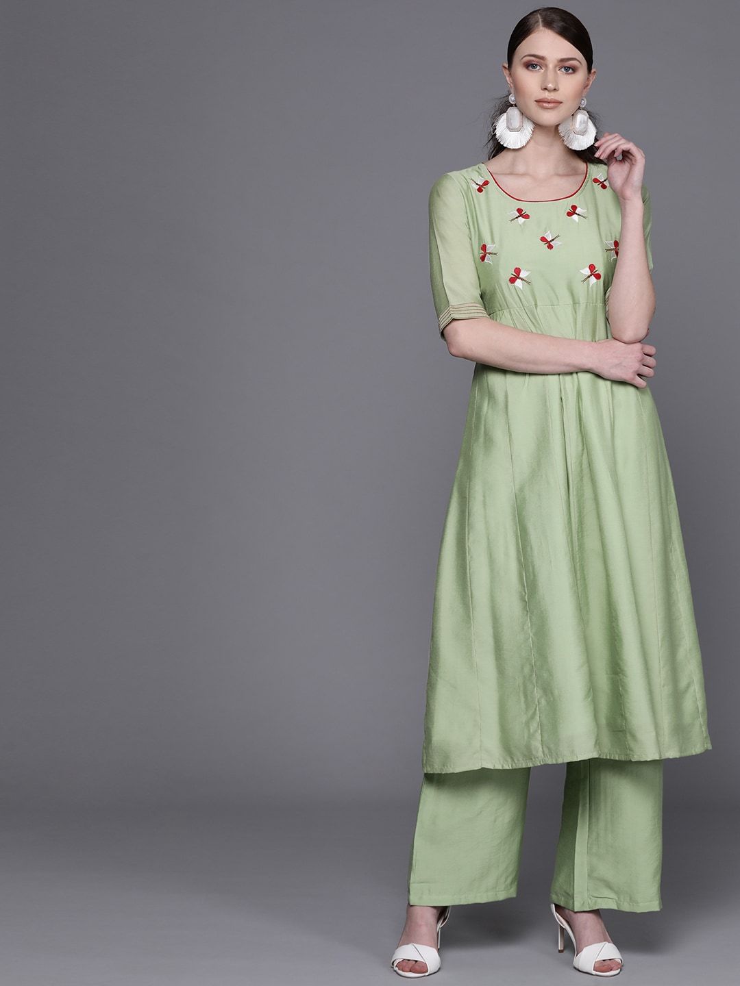 Women's  Green & Red Quirky Yoke Design Anarkali Kurta