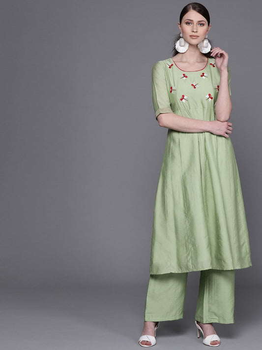 Women's  Green & Red Quirky Yoke Design Anarkali Kurta