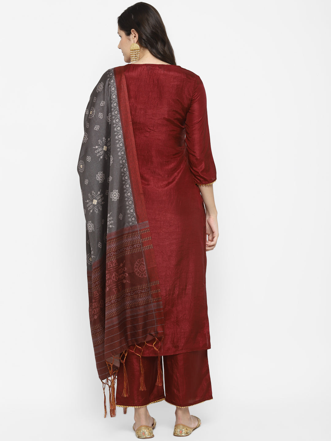 Women's Maroon Color Silk Blend Straight Kurta Palazzo With Dupatta