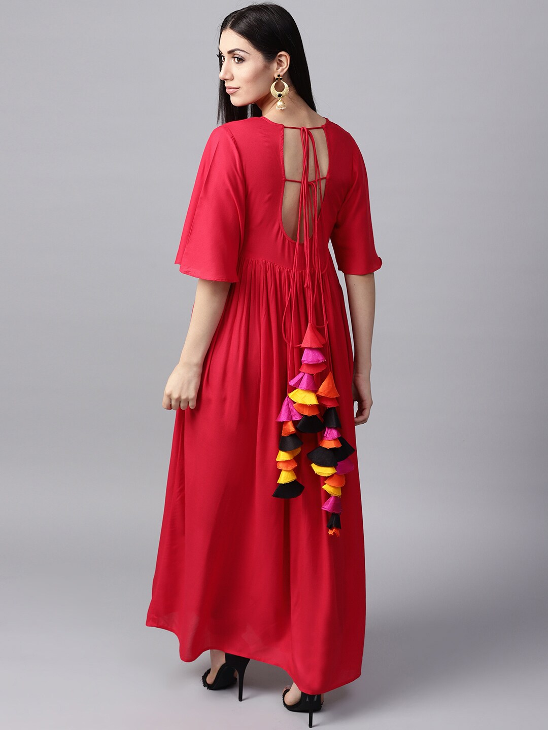 Women's Red Flared Pleated Anarkali