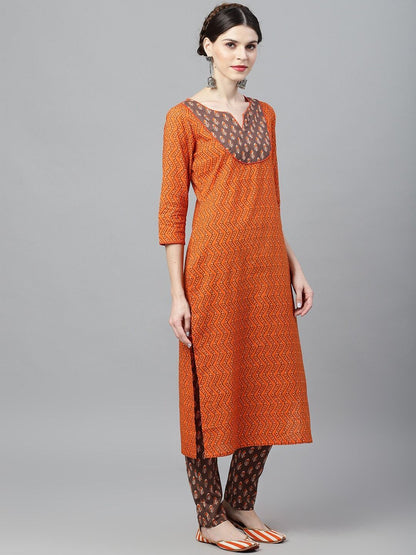 Women's  Orange & Brown Woven Design Straight Kurta