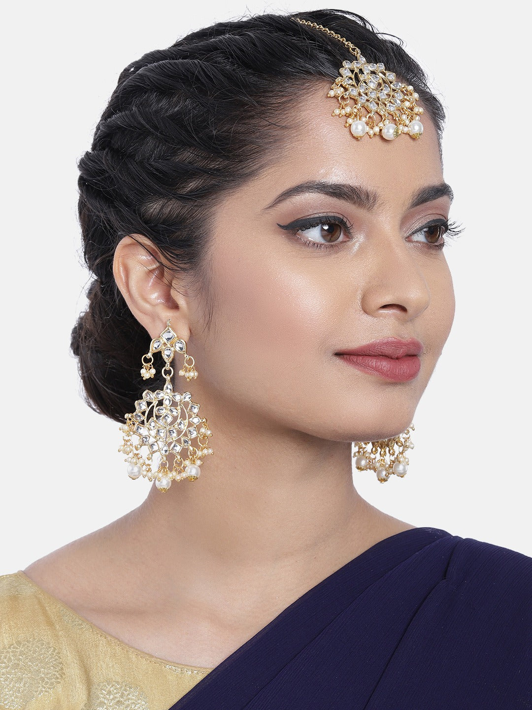 Women's Traditional Gold Plated Chandbali Kundan & Pearl Earring Set with Maang Tikka