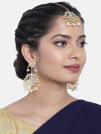 Women's Traditional Gold Plated Chandbali Kundan & Pearl Earring Set with Maang Tikka