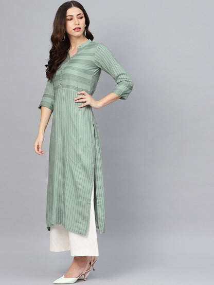 Women's Green Striped Straight Kurta