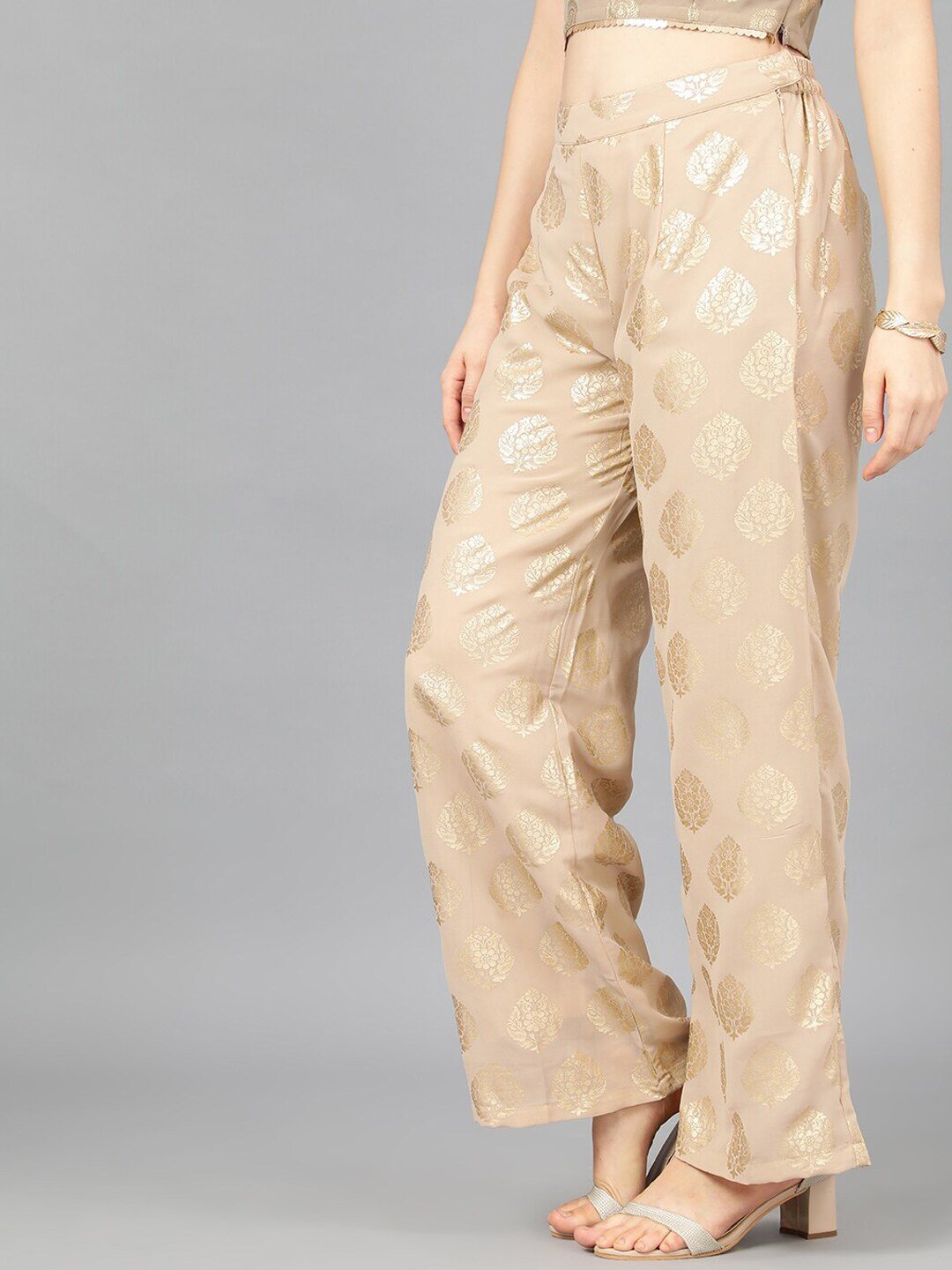 Women's  Beige & Gold-Toned Printed Wide Leg Palazzos