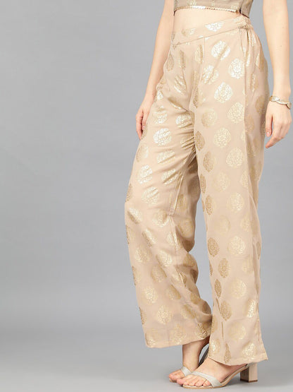 Women's  Beige & Gold-Toned Printed Wide Leg Palazzos