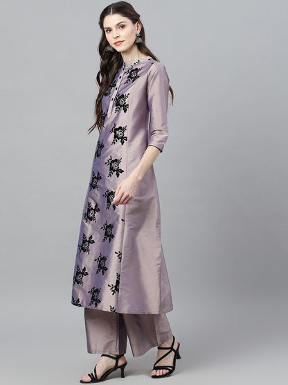 Women Purple A-Line Silk Kurta With Palazzo Set by AKS (2 P