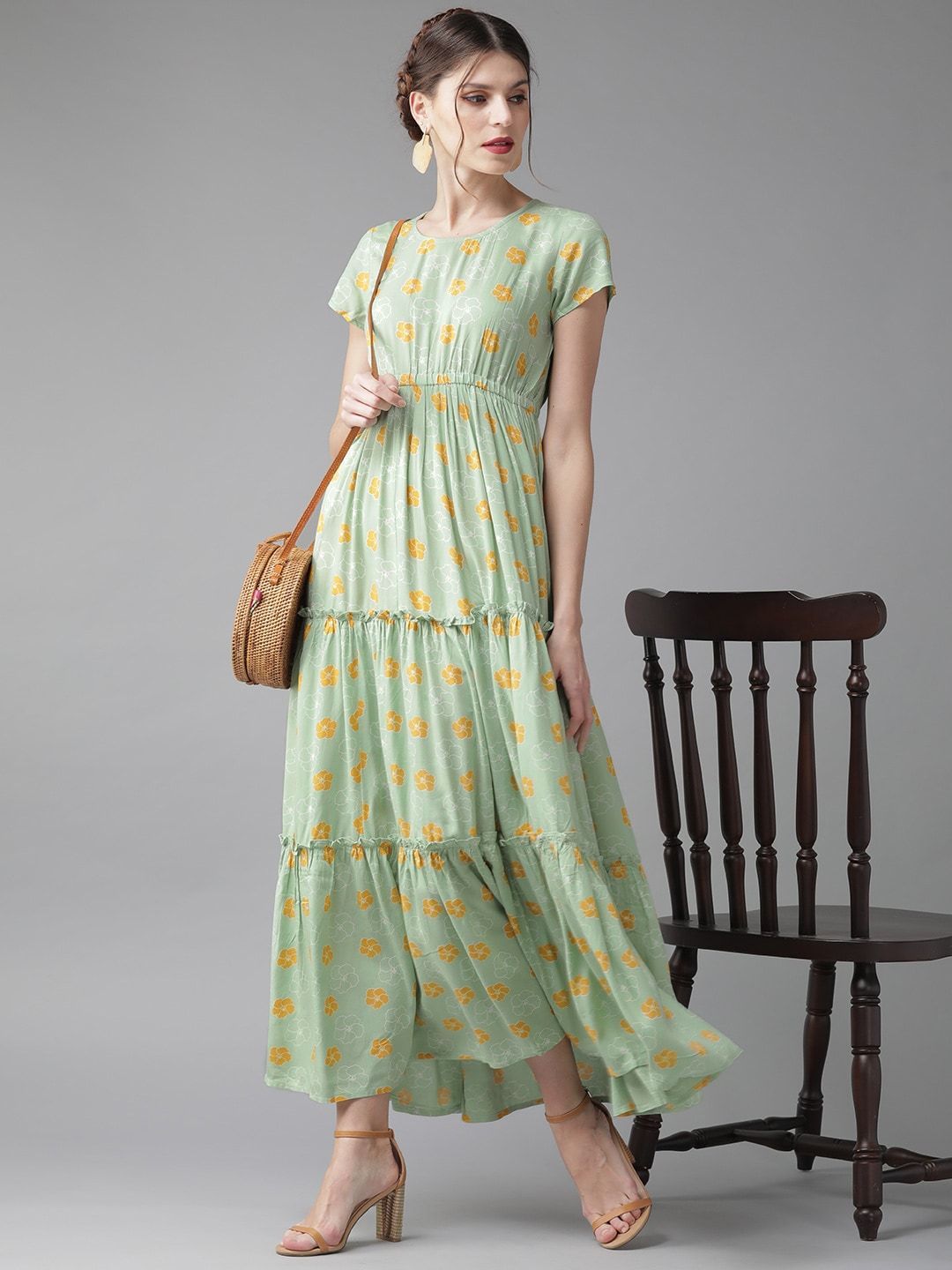 Women's  Green & Mustard Yellow Printed Tiered Maxi Dress
