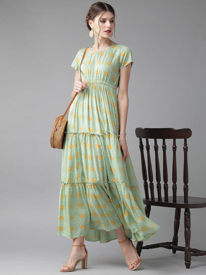 Women's  Green & Mustard Yellow Printed Tiered Maxi Dress