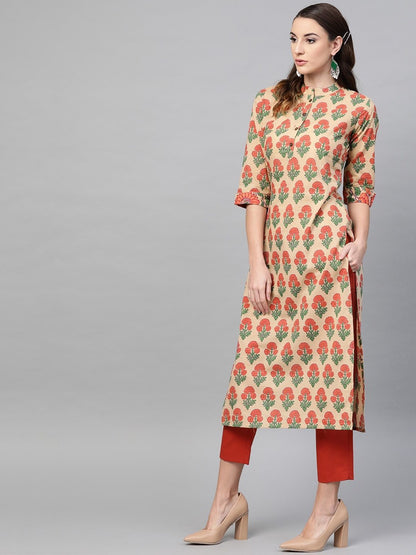 Women's  Beige & Orange Printed Straight Kurta