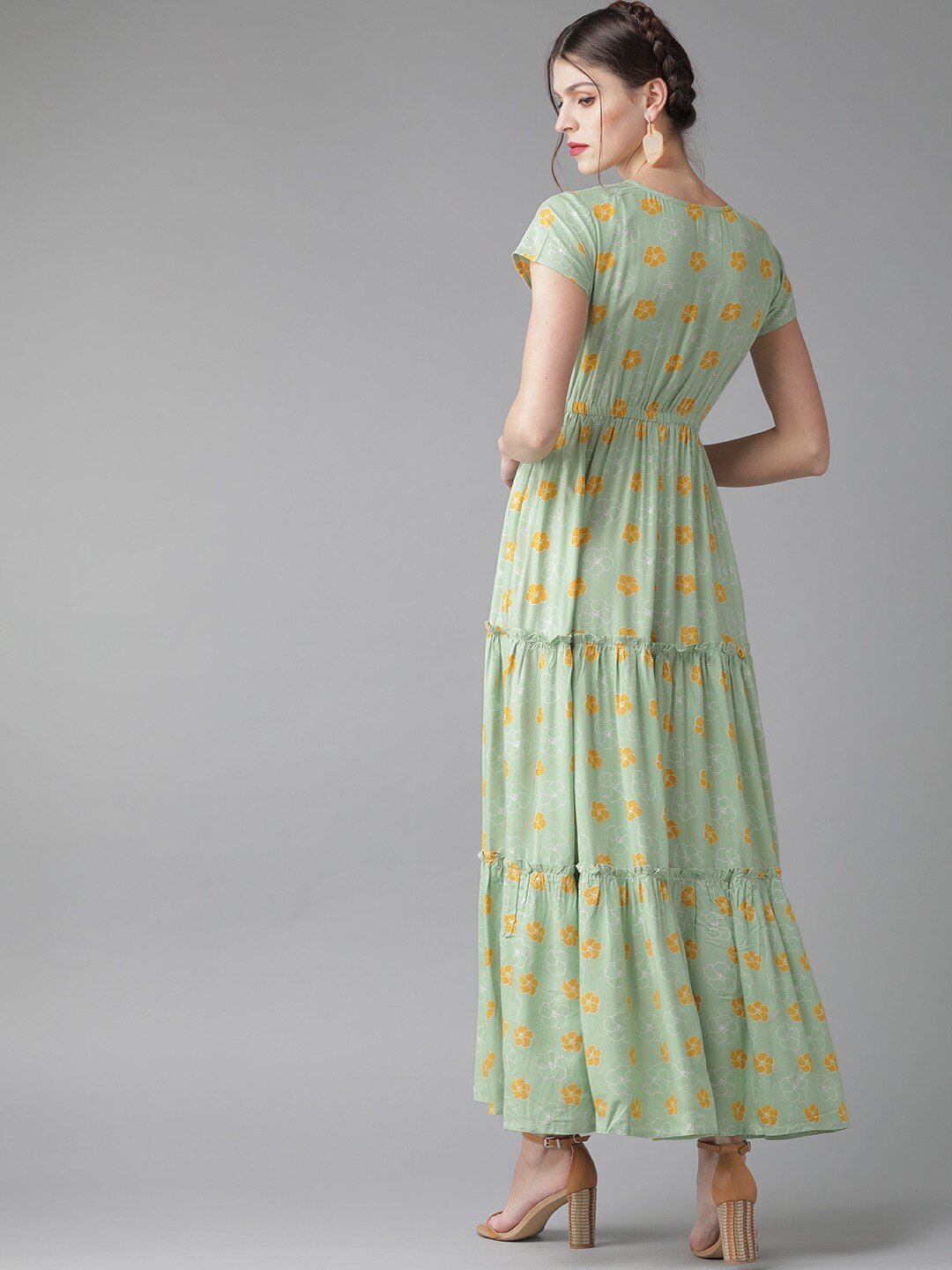 Women's  Green & Mustard Yellow Printed Tiered Maxi Dress