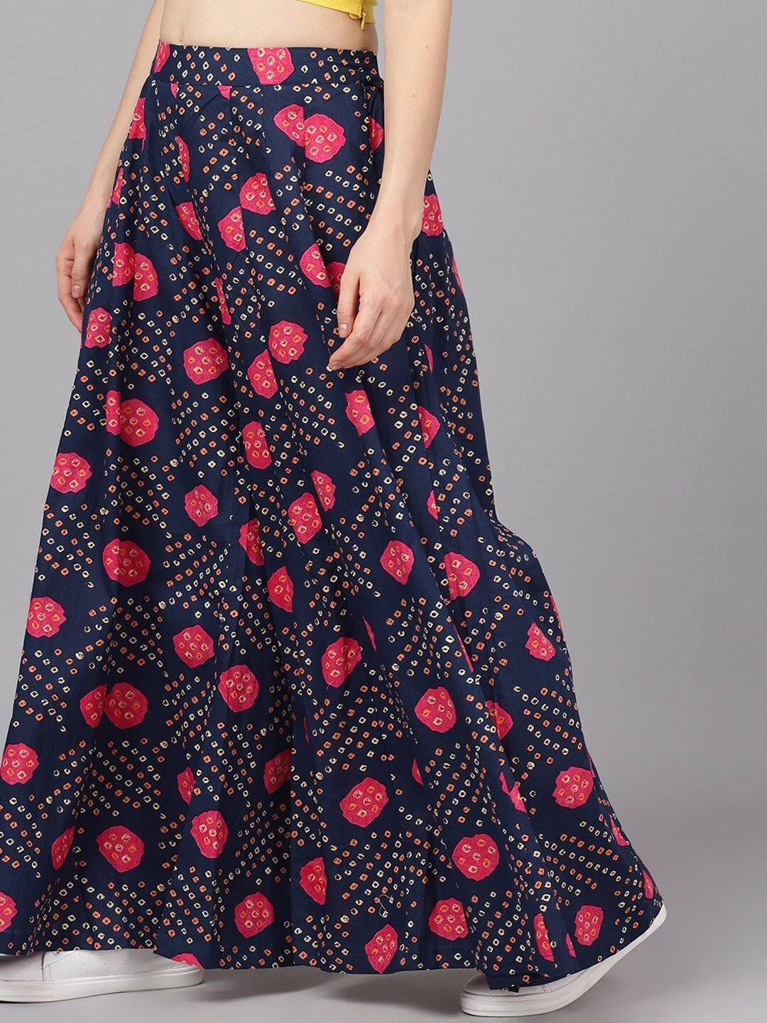 Women's  Navy Blue & Pink Bandhani Printed Flared Palazzos