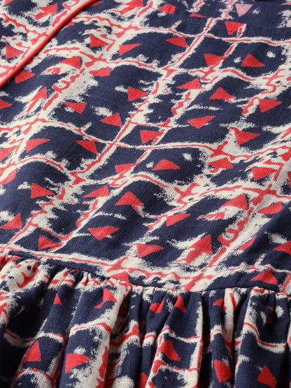 Women's  Navy Blue & Pink Printed Maxi Dress